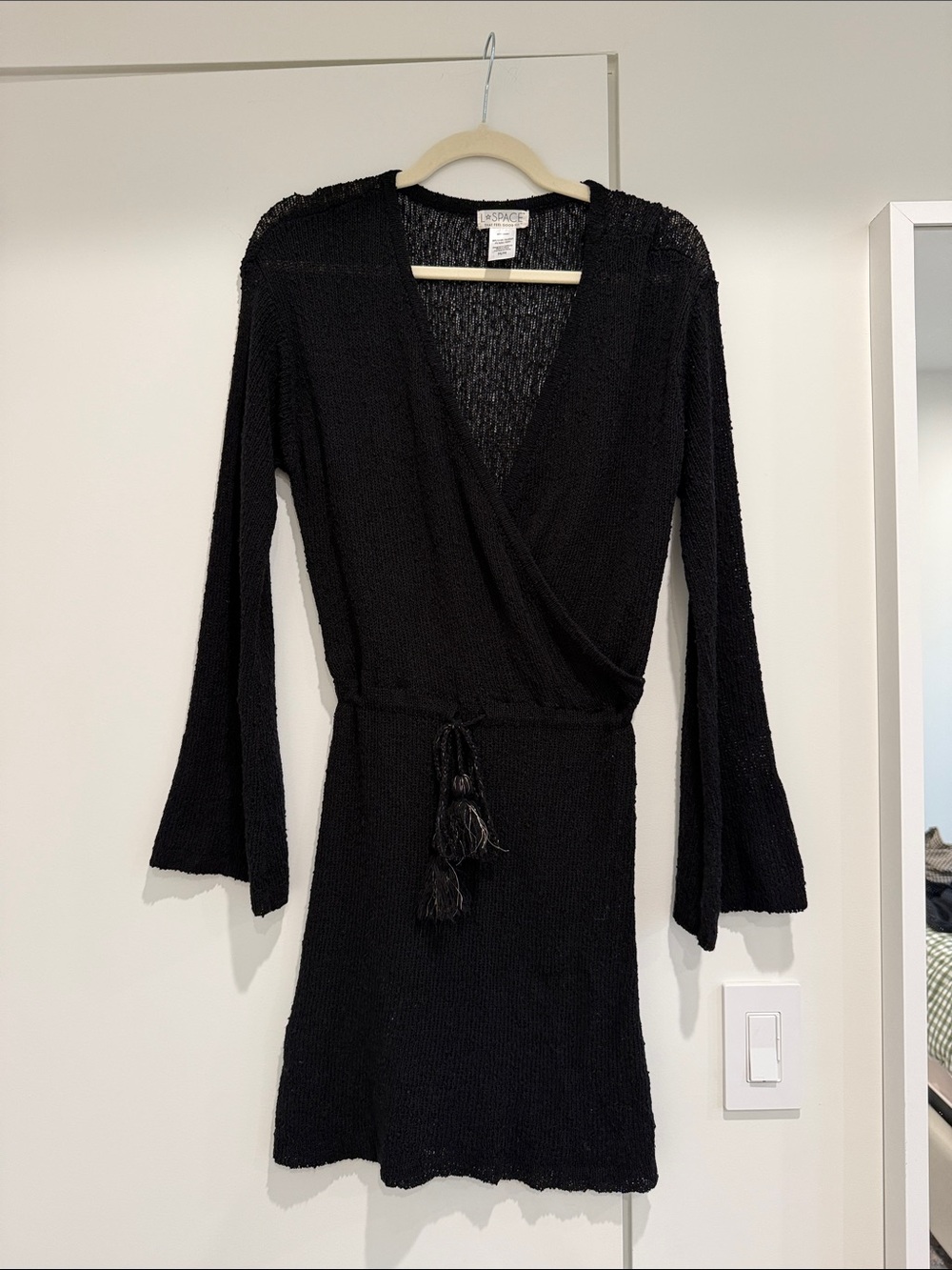 L Space Beach Cover Up Black Knit Wrap Dress with Tassel Tie Medium